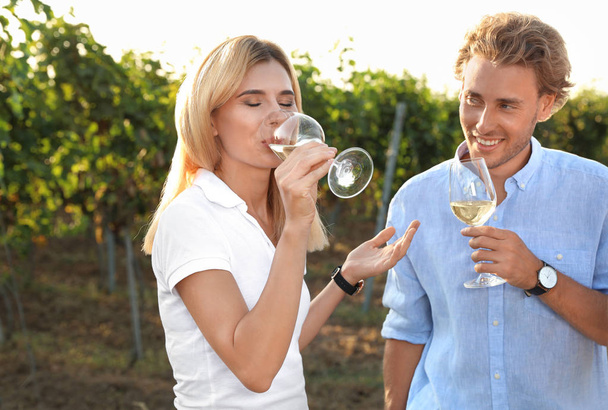 Young beautiful woman enjoying wine at vineyard - Фото, зображення