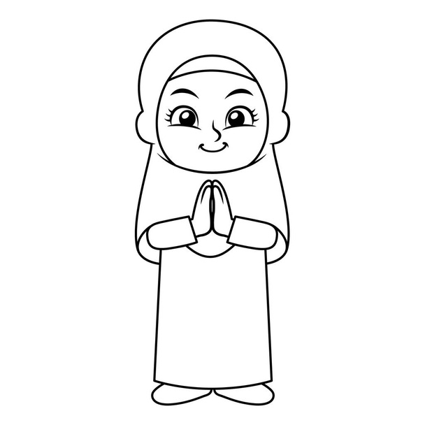 Chica musulmana Hajj Saludo Salaam BW
. - Vector, Imagen