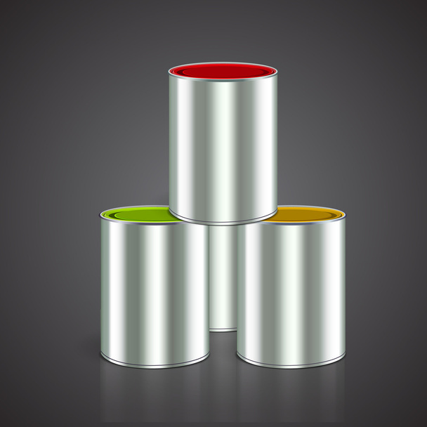 Três baldes de tinta: amarelo, vermelho, verde. Por cima de branco. Vetor
 - Vetor, Imagem