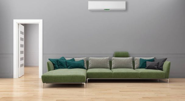 nowoczesne jasne wnętrza salonu Apartament z klimatyzacją ilustracja 3d renderowania na komputerze generowane obrazu - Zdjęcie, obraz