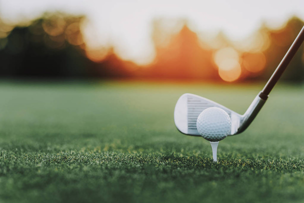 Golf Stick and Golf Ball on Stand on Green Field. Green Grass. Sport in Summer Concept. Outdoor Fun Concept. White Ball. Sunny Day. Sport on Field Concept. Little Ball. Steel Golf Stick. - Фото, зображення