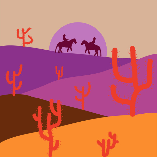 Wüsten und Sanddünen Landschaft. Hintergrund mit Kakteen in violett, beige und orange. Zusammensetzung. Vektorillustration. - Vektor, Bild