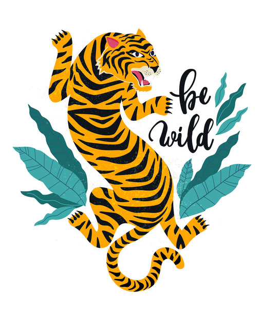 Be wild.Vector illustration of tiger with tropical leaves. Trendy design for card, poster, tshirt and other use. - Vector, afbeelding