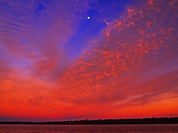 A spectacular inspirational brightly coloured Radient Crimson Cirrus colored coastal sunrise seascape in a vivid blue sky with the moon over tropical ocean water with ocean water reflections. Queensland, Australia. - Photo, Image