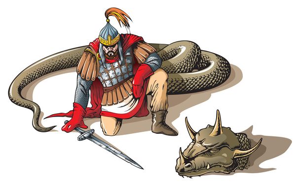πολεμιστής και ένα γιγάντιο φίδι - Διάνυσμα, εικόνα