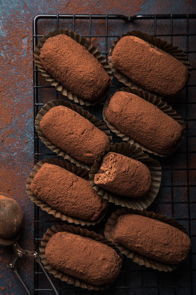 chocolate bread truffles on dark blue background, top view - Foto, Imagen