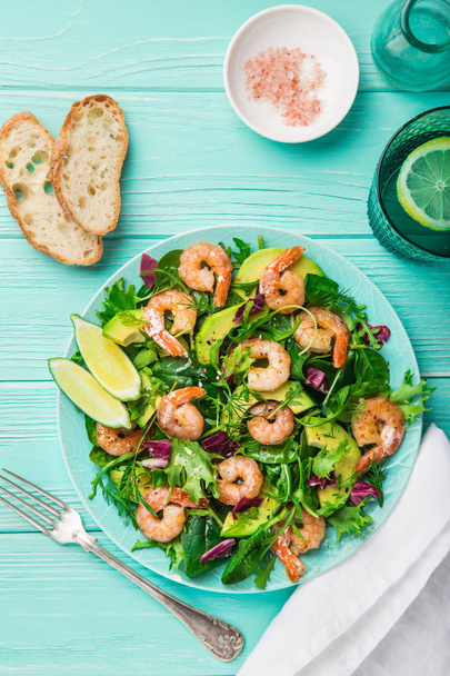 fresh healthy avocado and shrimps salad. Top view - Zdjęcie, obraz