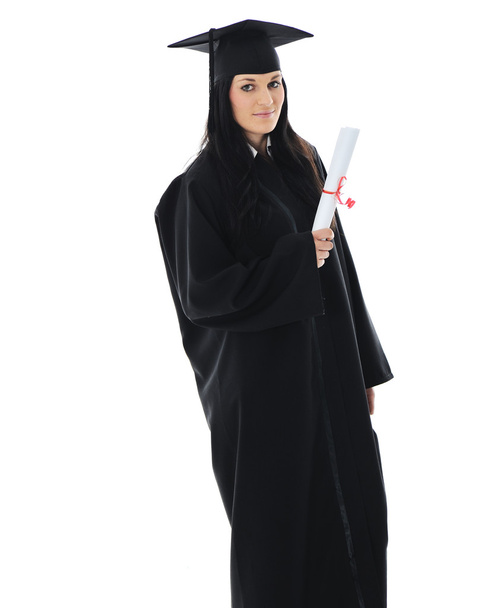 afgestudeerde meisje student in jurk met diploma - Foto, afbeelding