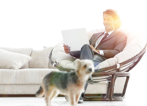 modern businessman with laptop sitting in living room. - Fotoğraf, Görsel