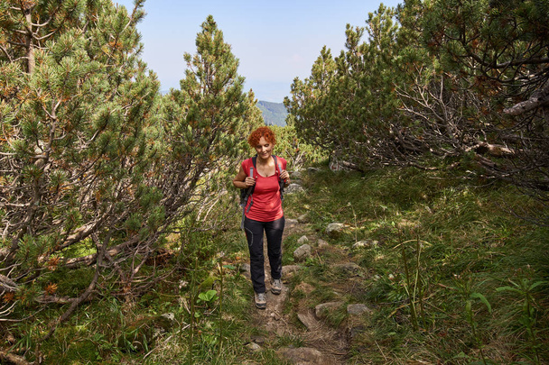 Middle aged woman with backpack hiking on trail in mountains at daytime - Fotografie, Obrázek