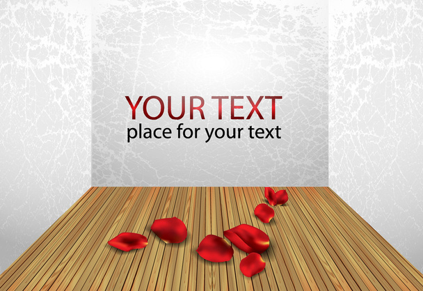 room interior with white wall and wood floor with rose petals and place for text - Vector, imagen