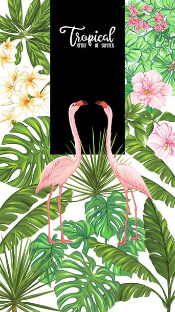 Template of poster, banner, postcard with tropical flowers and plants and flamingo bird on white background. Stock vector illustration. - ベクター画像