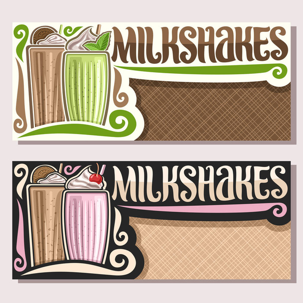Διάνυσμα πανό για μιλκσέικ με διάστημα αντίγραφο, φυλλάδια με γαλακτοκομικά κοκτέιλ διακοσμημένα choko cookies και φύλλα φρέσκου δυόσμου, αρχικό γραμμάτων για λέξη milkshakes, εικονογράφηση των κρύα ποτά - Διάνυσμα, εικόνα