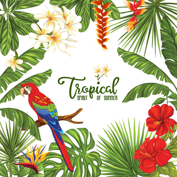 Vorlage für Poster, Banner, Postkarte mit tropischen Blumen und Pflanzen und Vogel auf weißem Hintergrund. Aktienvektorabbildung. - Vektor, Bild