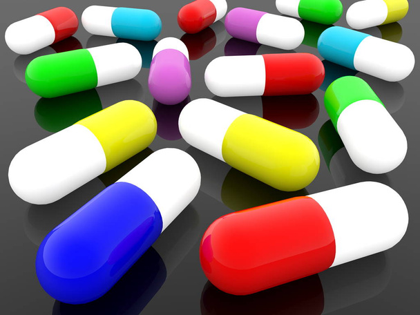 Colorful pills on black background - Foto, afbeelding