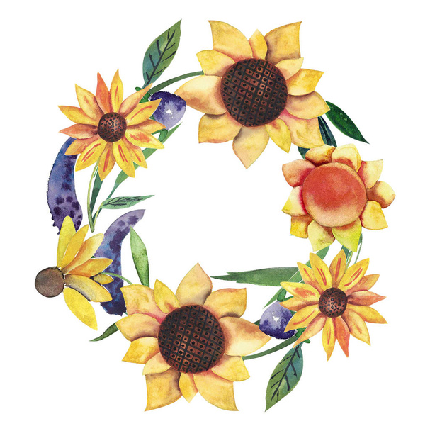 Watercolor isolated wreath with sunflowers, violet flowers, leaves and herbs - Foto, imagen