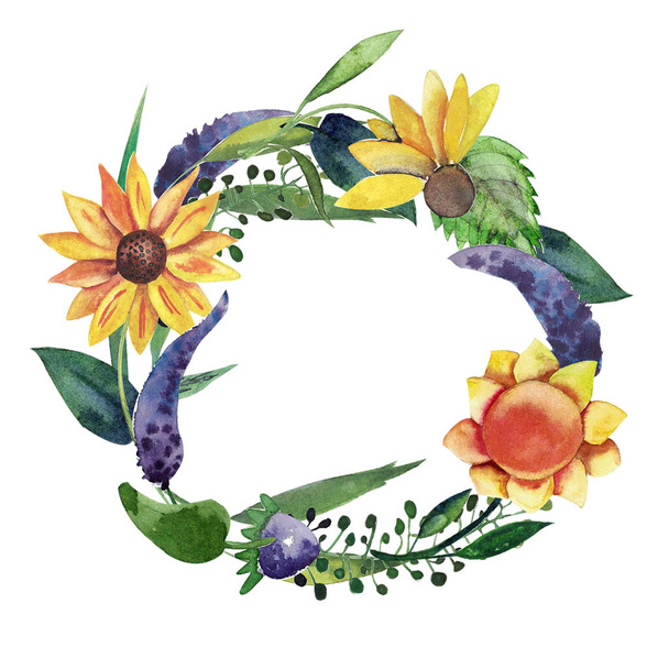Watercolor isolated wreath with sunflowers, violet flowers, leaves and herbs - Φωτογραφία, εικόνα