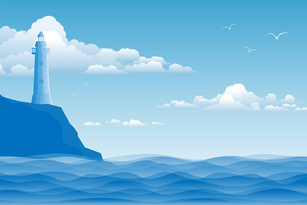 Seelandschaft mit Leuchtturm und Wellen. Marine Vektorillustration. - Vektor, Bild