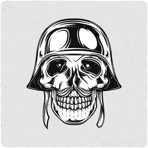 Soldier's skull in helmet. Black and white illustration. Isolated on light backgrond with grunge noise and frame. - Vettoriali, immagini