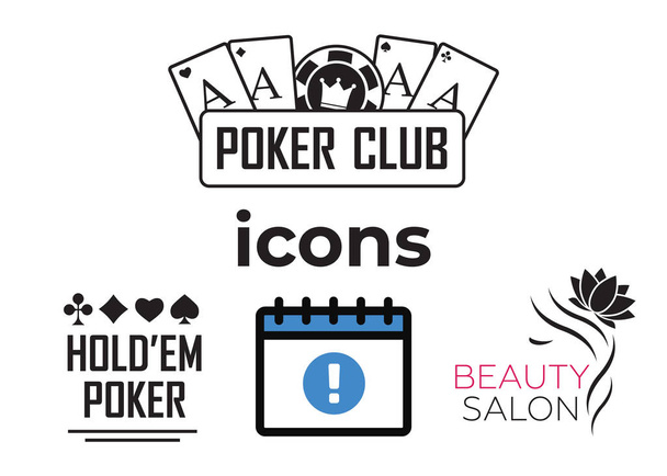 Evenement toevoegen verwijderen vooruitgang pictogrammen en pokerclub, casino teken reeks. Mooie vrouw logo - Vector, afbeelding