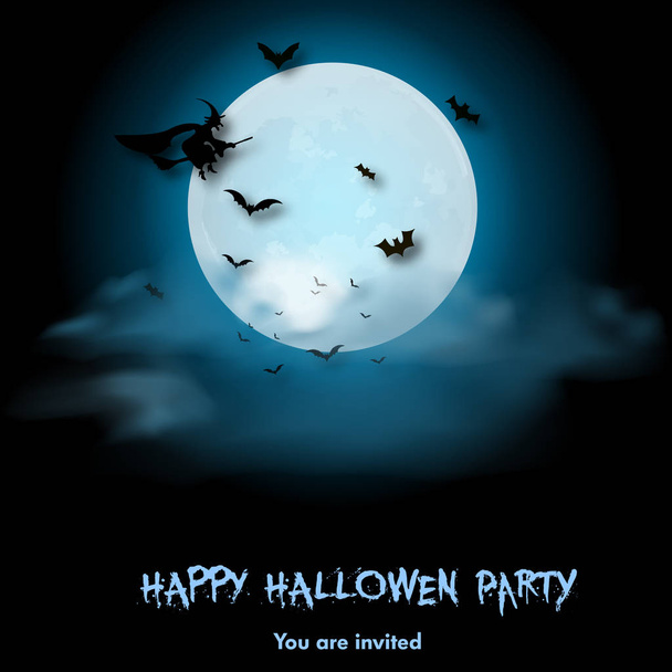 Happy Halloween background with moon witch and bats. Vector. - Vector, Image