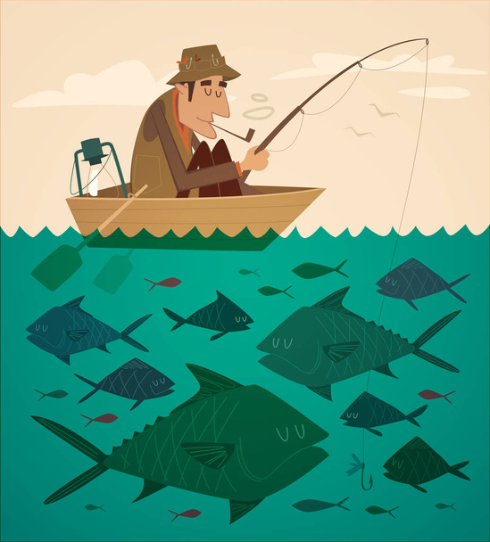 Fishing on the boat. Vector retro styled illustration. - Διάνυσμα, εικόνα