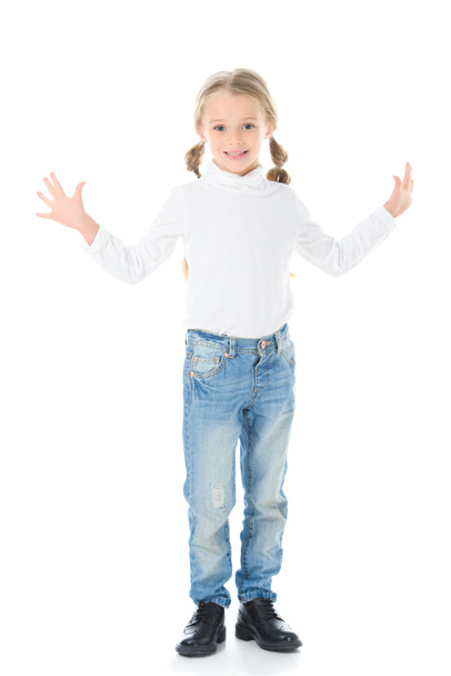 happy kid with braids gesturing and posing isolated on white - Foto, Bild