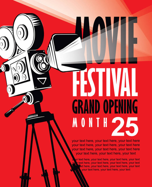 Vector movie festival poster with retro movie camera. Cinema banner with words Grand opening and place for text on red background. Can be used for poster, flyer, billboard, web page, background - Vector, Image