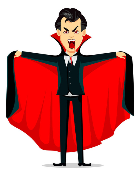 Cadılar Bayramınız Kutlu Olsun. Siyah ve kırmızı pelerin giyen ve korkutucu yüz yapmak vampir çizgi film karakteri. Davet, afiş, el ilanı, tebrik kartı için kullanılabilir. Vektör çizim - Vektör, Görsel