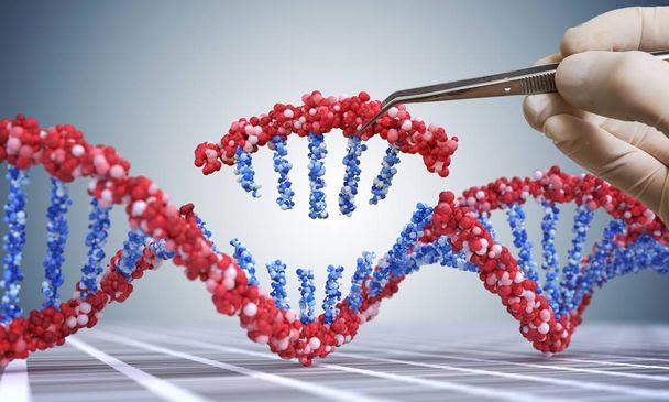 Engenharia genética, OGM e conceito de manipulação genética. A mão está a inserir a sequência de ADN. Ilustração 3D do DNA
. - Foto, Imagem