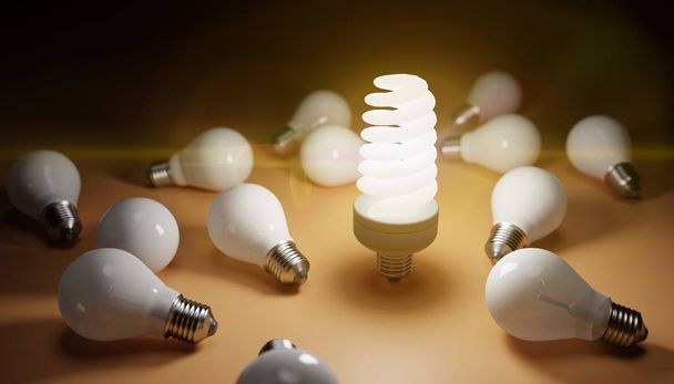 Fluorescent lamp shining and many old bulbs around. 3D rendered illustration. - Photo, Image
