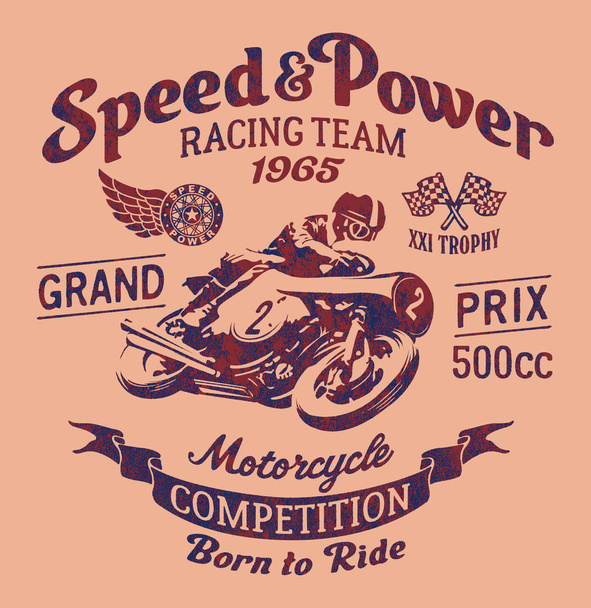 Rychlost moc motocykl závodní tým, vektorové vintage obal pro chlapce t košile grunge efekt v samostatné vrstvě - Vektor, obrázek