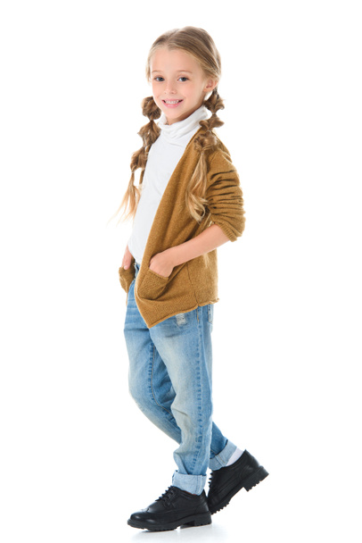 adorable smiling kid posing in autumn outfit, isolated on white - Photo, Image