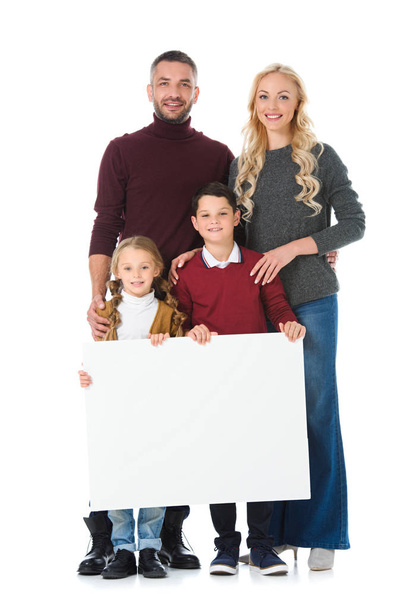 happy family and children holding blank placard, isolated on white - Fotó, kép