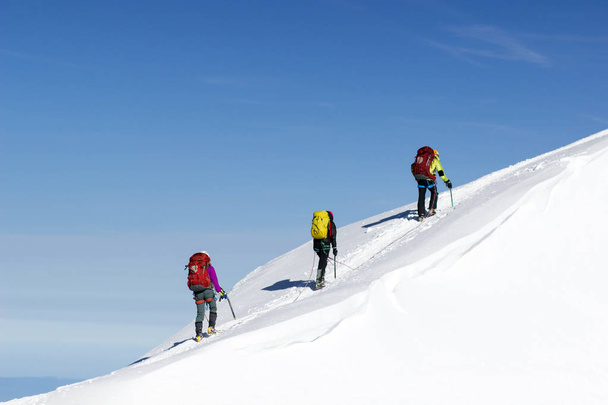Sidotut kiipeilijät kiipeävät vuorelle lumikentällä köydellä sidottuna jääkirveillä ja kypärillä
. - Valokuva, kuva