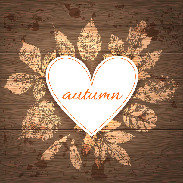Banner with prints of leaves on a wooden background. Vector card with cut out paper heart with the inscription Autumn. Grunge vintage postcard on the autumn theme. - Вектор,изображение