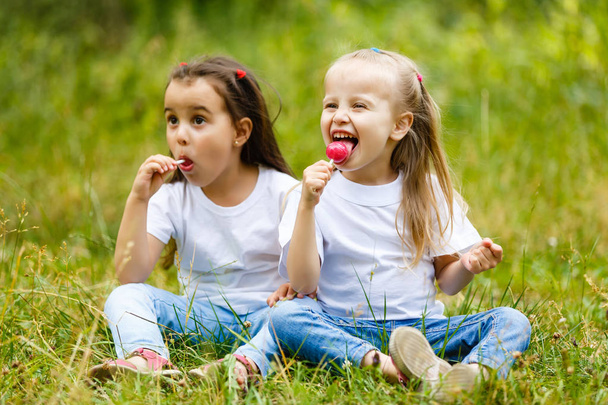 Dos monas hermanitas comiendo piruletas sentadas en verde en el parque de verano
 - Foto, imagen