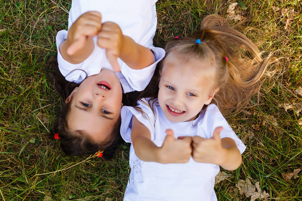 Δύο μικρά κορίτσια στα λευκά μπλουζάκια γεννούν στο γρασίδι στο πάρκο και εμφάνιση συμπαθεί. θέα από ψηλά - Φωτογραφία, εικόνα