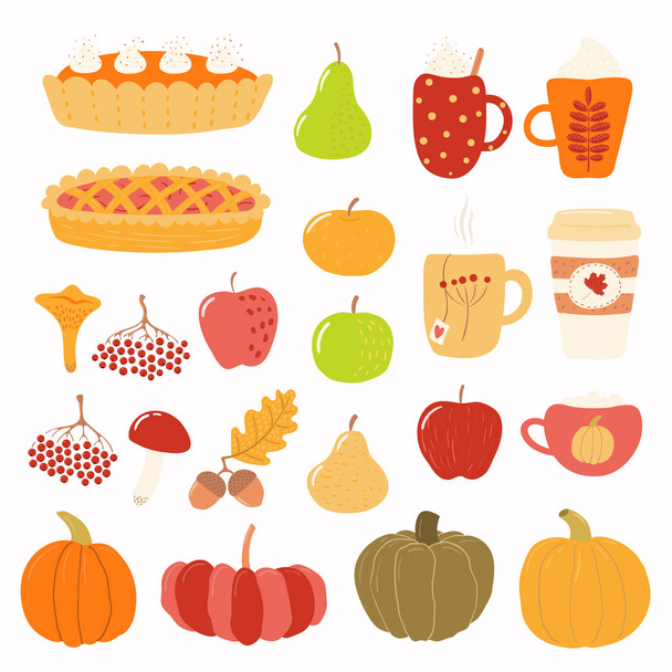 Big autumn set with rowan, acorns, mushrooms, pumpkins, apples, pears, pies, mugs isolated on white background, Concept for seasonal banner - Vetor, Imagem