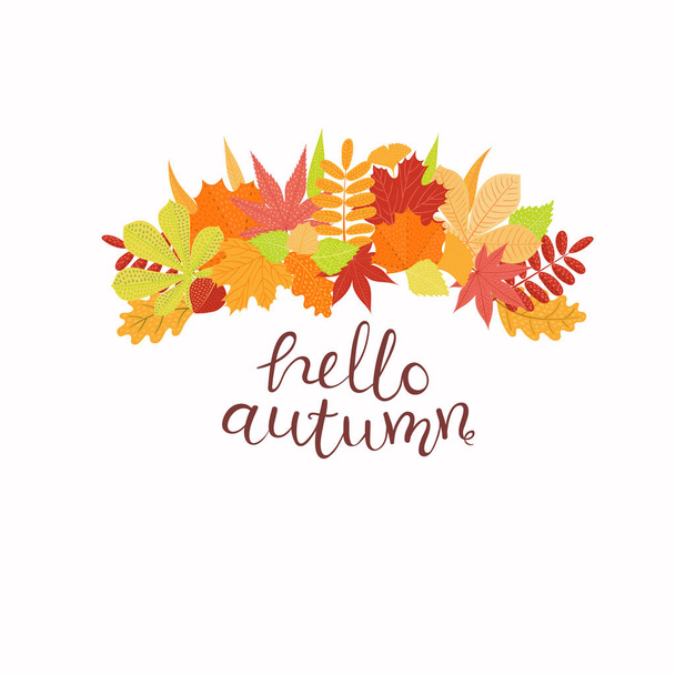 handgezeichnete Vektorillustration mit Blättern, Schriftzug Zitat Hallo Herbst isoliert auf weißem Hintergrund, Konzept für saisonales Banner - Vektor, Bild