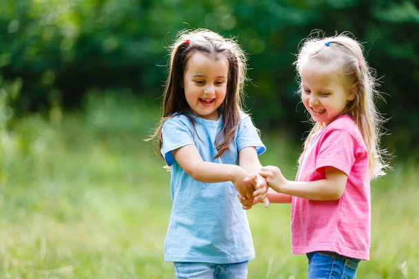 Two adorable little girls having fun catching insects in summer forest  - Foto, imagen