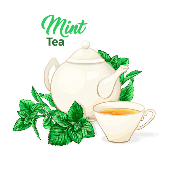 Ceramic Teapot and Tea cup. Mint Tea and Green Leaves. Isolated and Detailed Herbal Vector Illustration. Marker Hand Drawn Illustration. Porcelain Service for Banner Design, Restaurant Menu. - ベクター画像