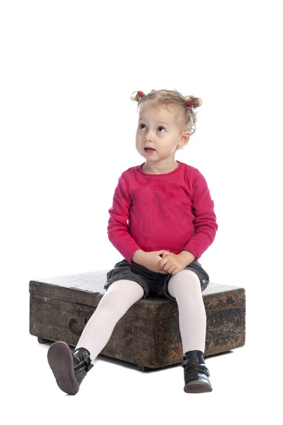 cute little girl sitting on a wooden box - Фото, зображення