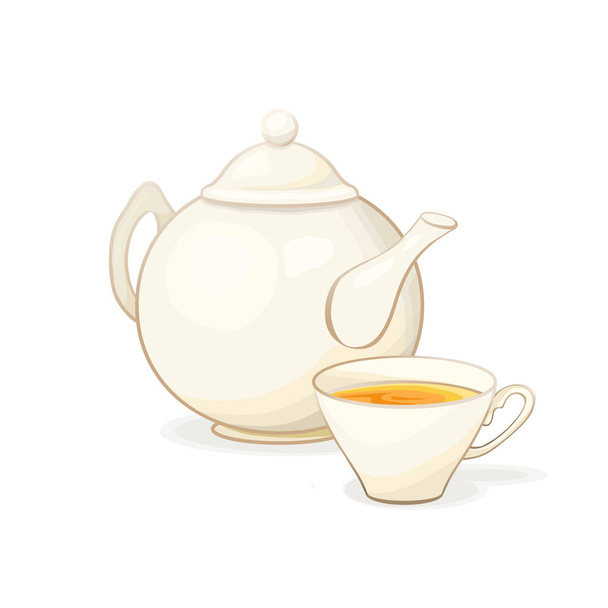 Porcelain or Ceramic Teapot Service. Black or Green Tea in Tea Cup. Isolated and Detailed Kitchen Dishes Vector Illustration. Kitchenware or Utensil Banner Design, Restaurant Menu, English Breakfast. - Διάνυσμα, εικόνα