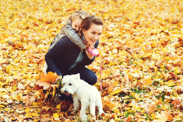 秋の散歩に幸せな家族。母親、娘、その犬が秋の公園で遊んで。美しい秋の自然を楽しむ家族。秋の休日。秋の季節。幸せで健康な子供 - 写真・画像