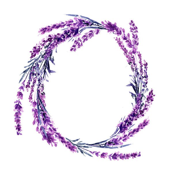 Lavender flower round twig  illustration. Circle lavender frame. Decoration floral design. Love and marriage. Valentines day. Lavender twig wedding symbol. Isolated - Foto, imagen