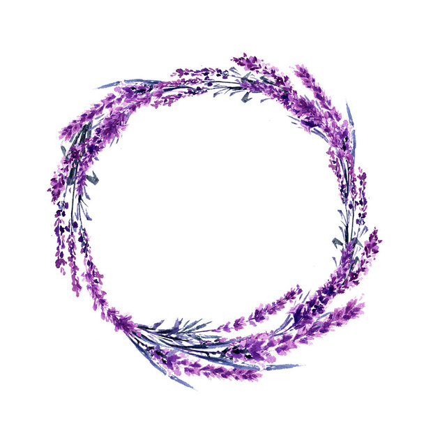 Lavender flower round twig  illustration. Circle lavender frame. Decoration floral design. Love and marriage. Valentines day. Lavender twig wedding symbol. Isolated - Foto, Bild