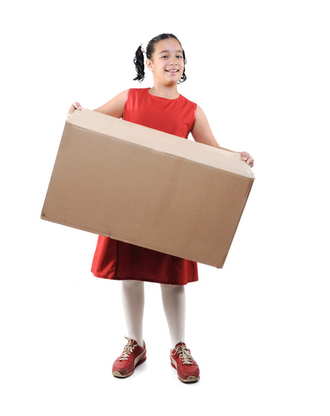 Little girl holding a box, isolated - Foto, Bild