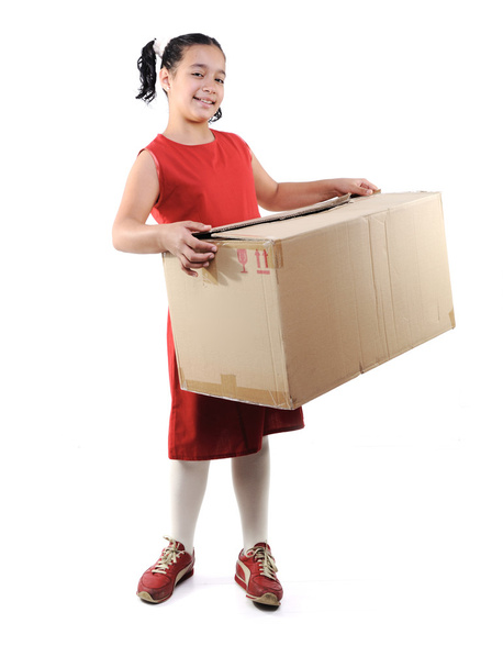 Little girl holding a box, isolated - Фото, зображення