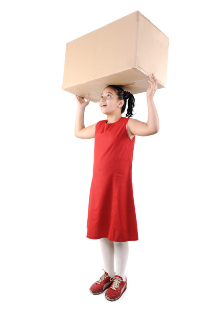 Little girl holding a box, isolated - Foto, afbeelding